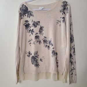 Lucky Brand cream colored, 100% cotton, floral long sleeve knit sweater
